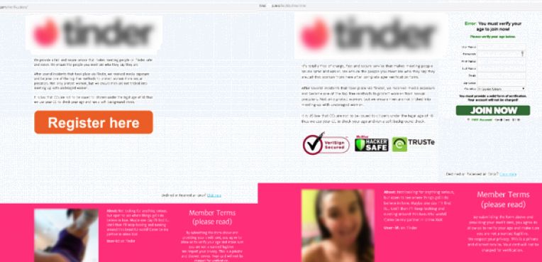 A phishing website under the guise of Tinder teases users to register and find a date