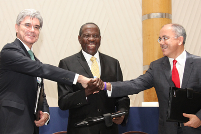Joe Kaeser, Siemens Global President and CEO; Hon. Minister of Finance Matia Kasaija, Uganda; Mesut Sahin, CEO MMEC Mannesman